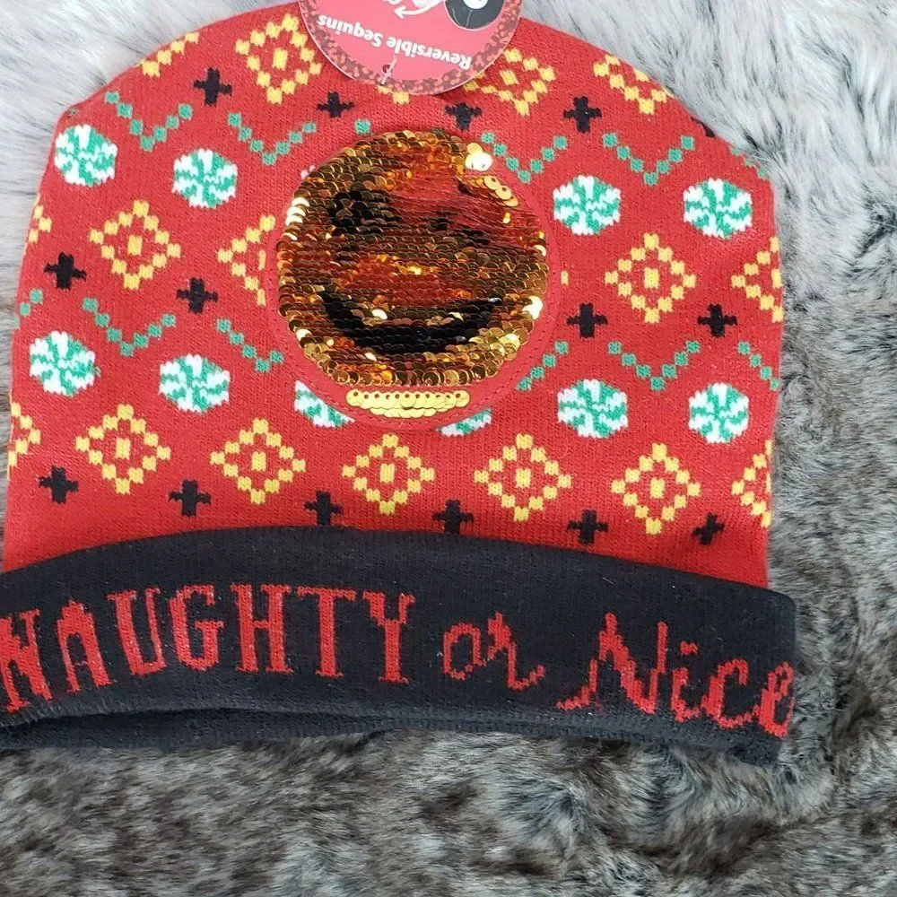 Naughty Or Nice Christmas Beanie Winter Hat Holiday Changeable Smiley Face Red